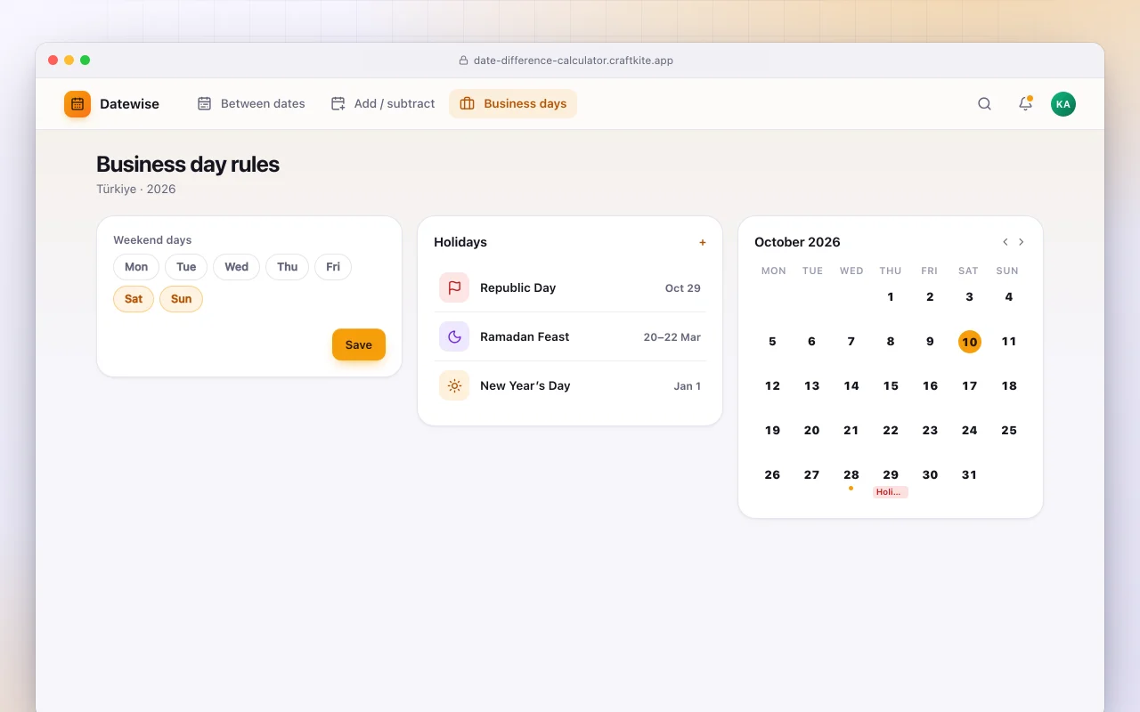 Date calculator: the Business day rules screen