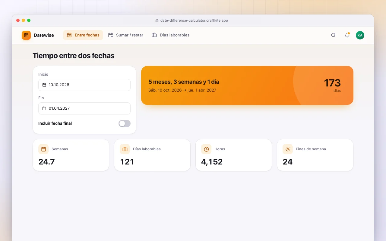Calculadora de fechas: la pantalla Tiempo entre dos fechas