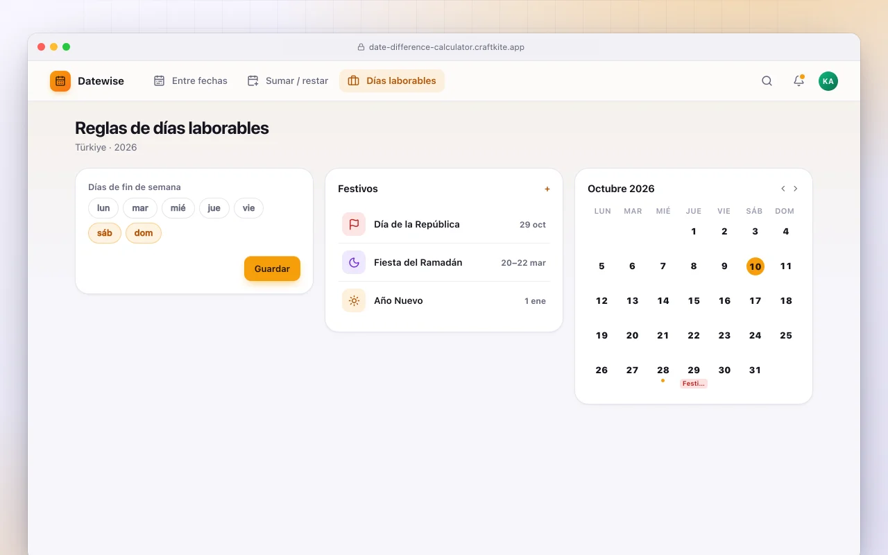 Calculadora de fechas: la pantalla Reglas de días laborables