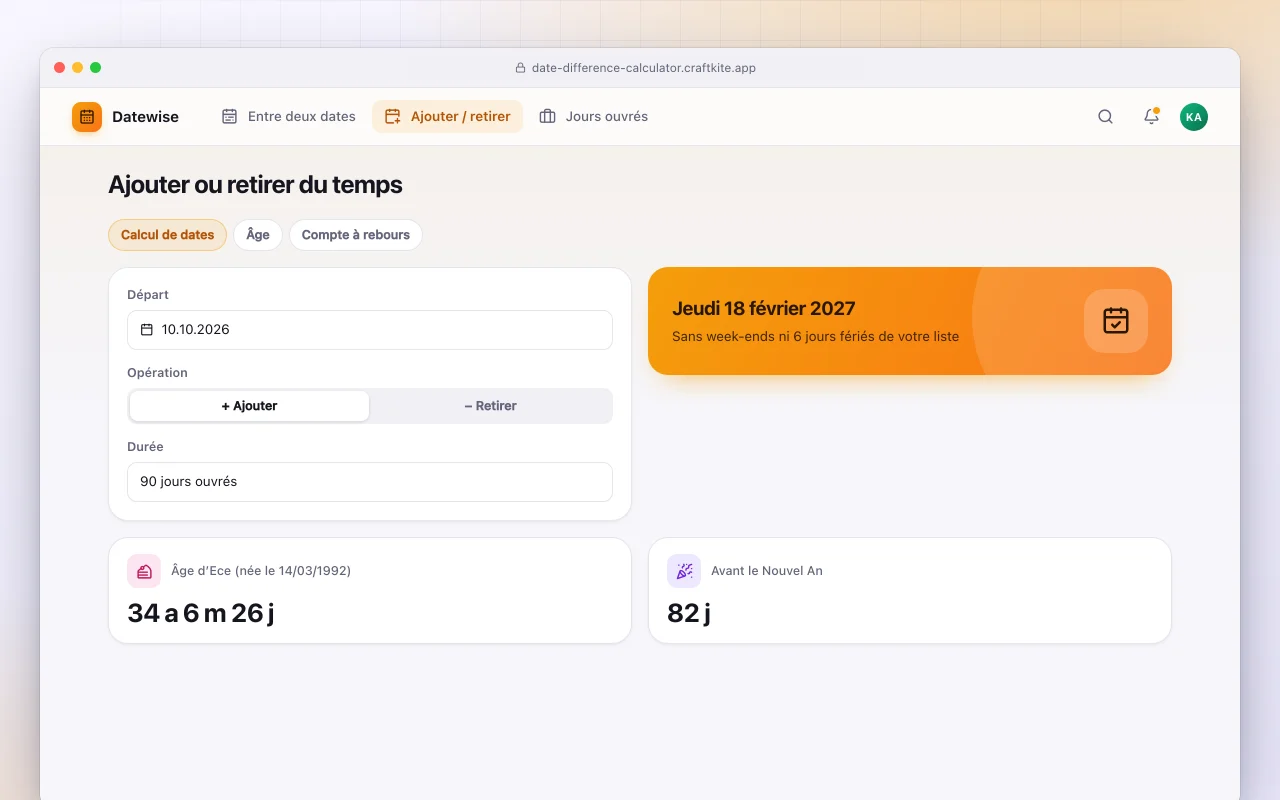 Calculateur de dates : l’écran Ajouter ou retirer du temps