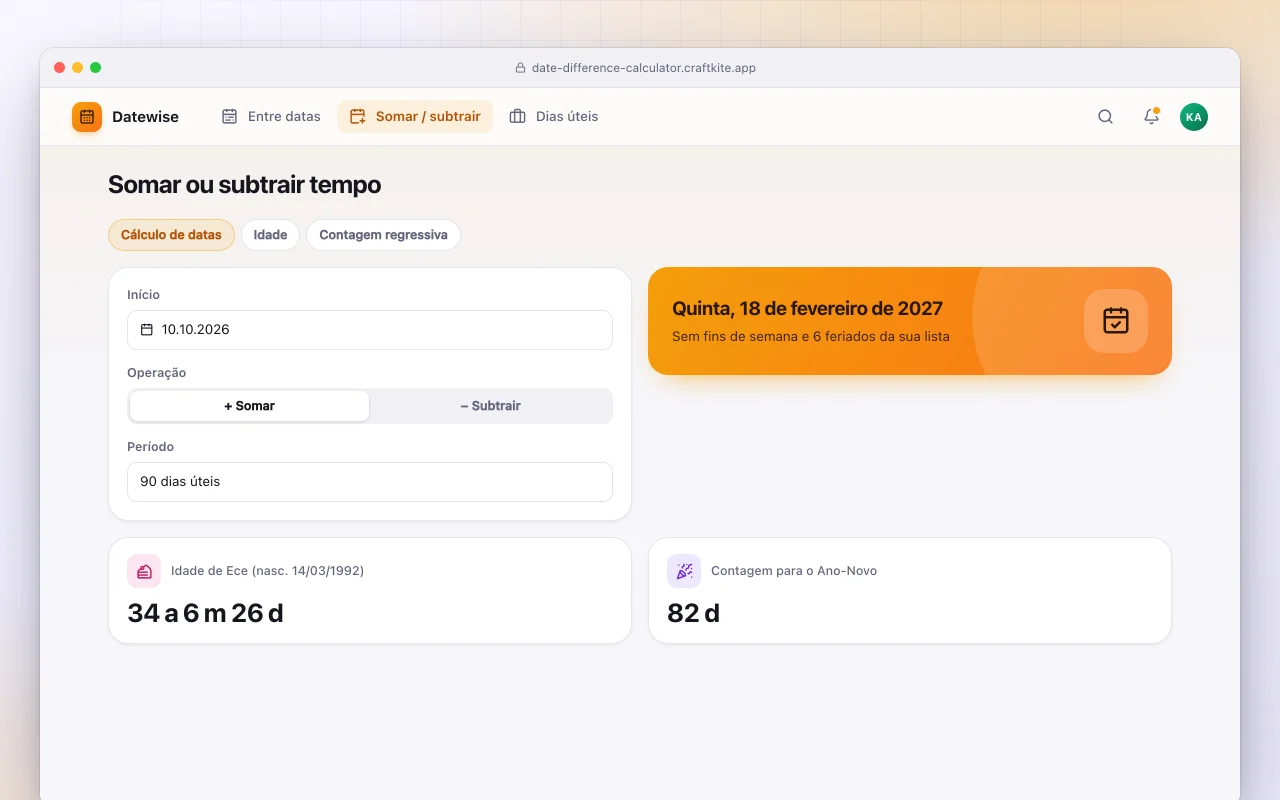 Calculadora de datas: a tela Somar ou subtrair tempo