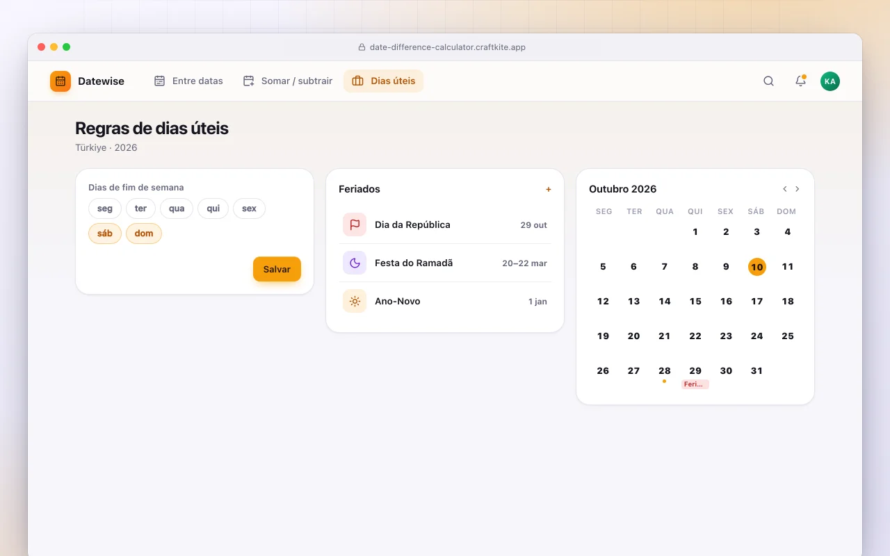 Calculadora de datas: a tela Regras de dias úteis