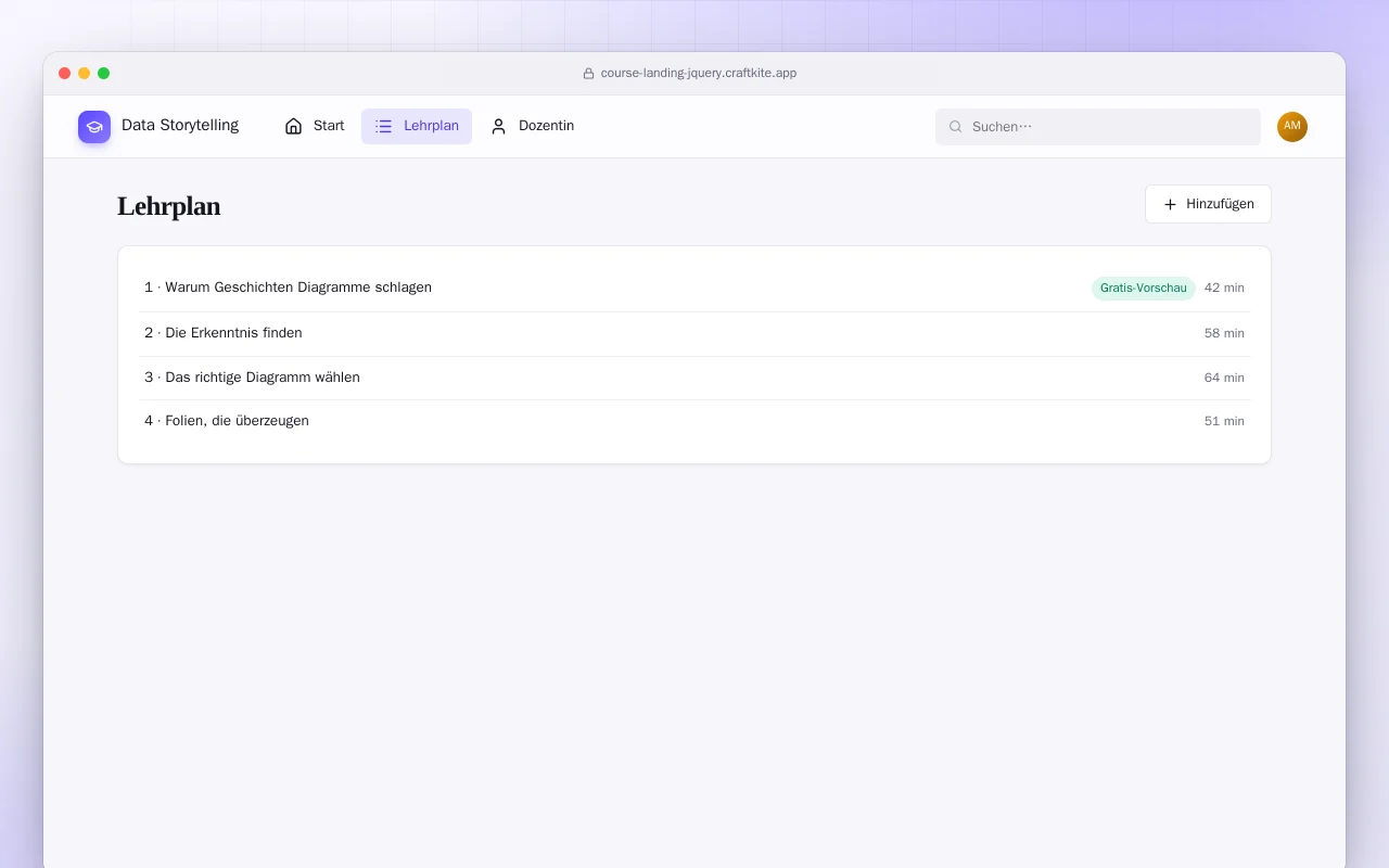 Landingpage für einen Onlinekurs (HTML): der Bildschirm „Lehrplan“