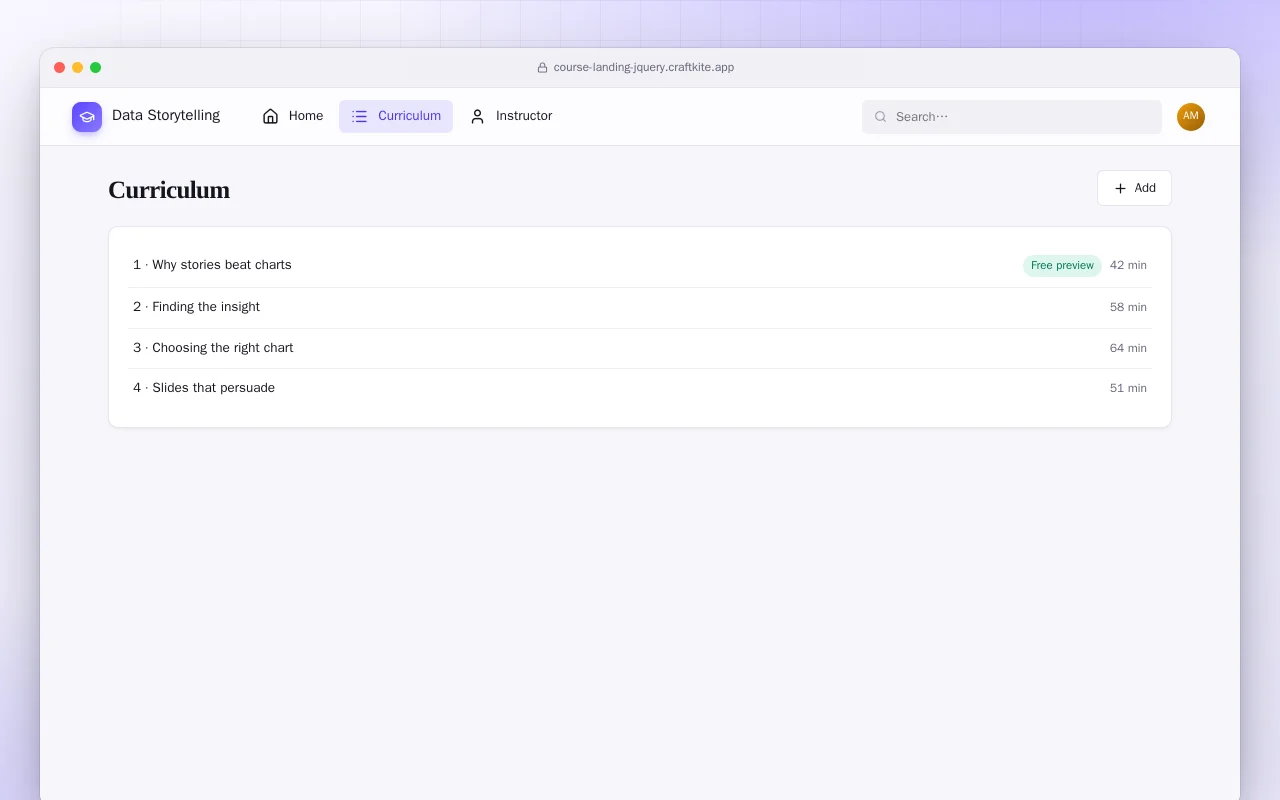 Online Course Landing Page (HTML): the Curriculum screen