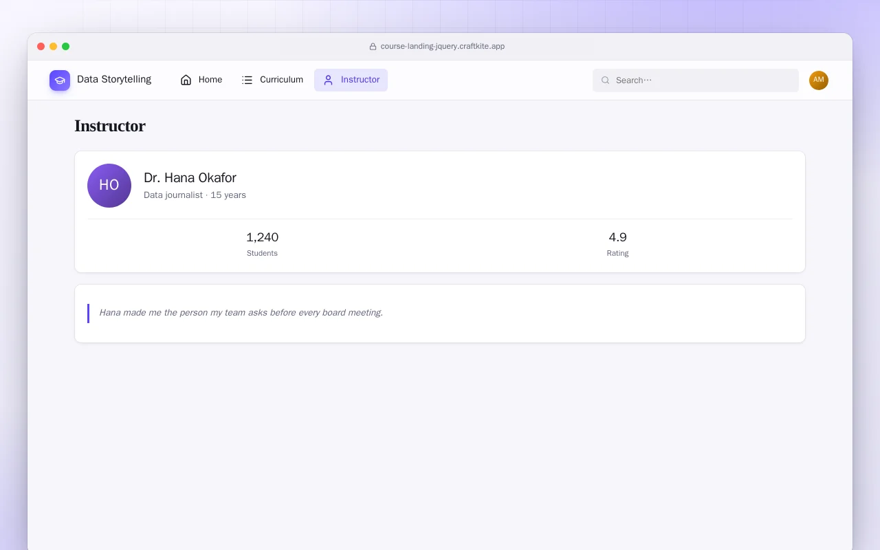Online Course Landing Page (HTML): the Instructor screen