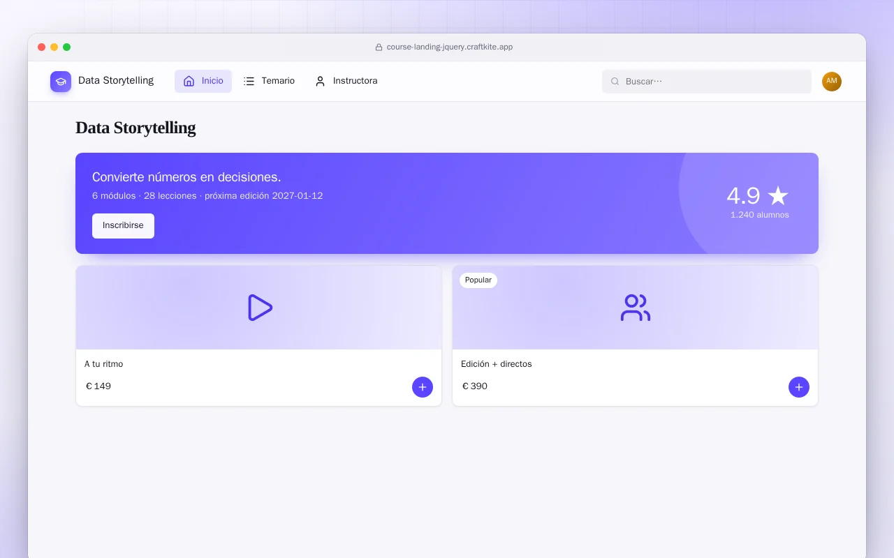 Landing de curso online (HTML): la pantalla Data Storytelling