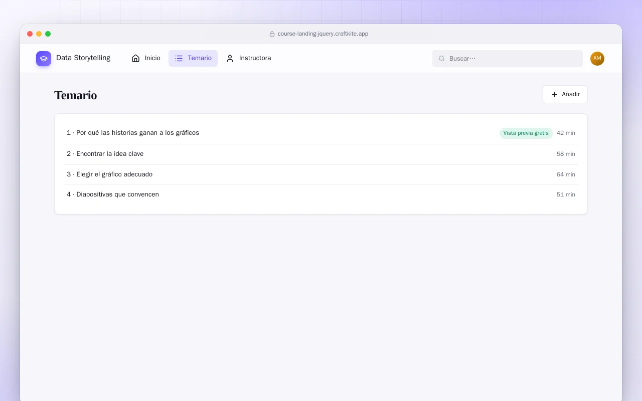 Landing de curso online (HTML): la pantalla Temario