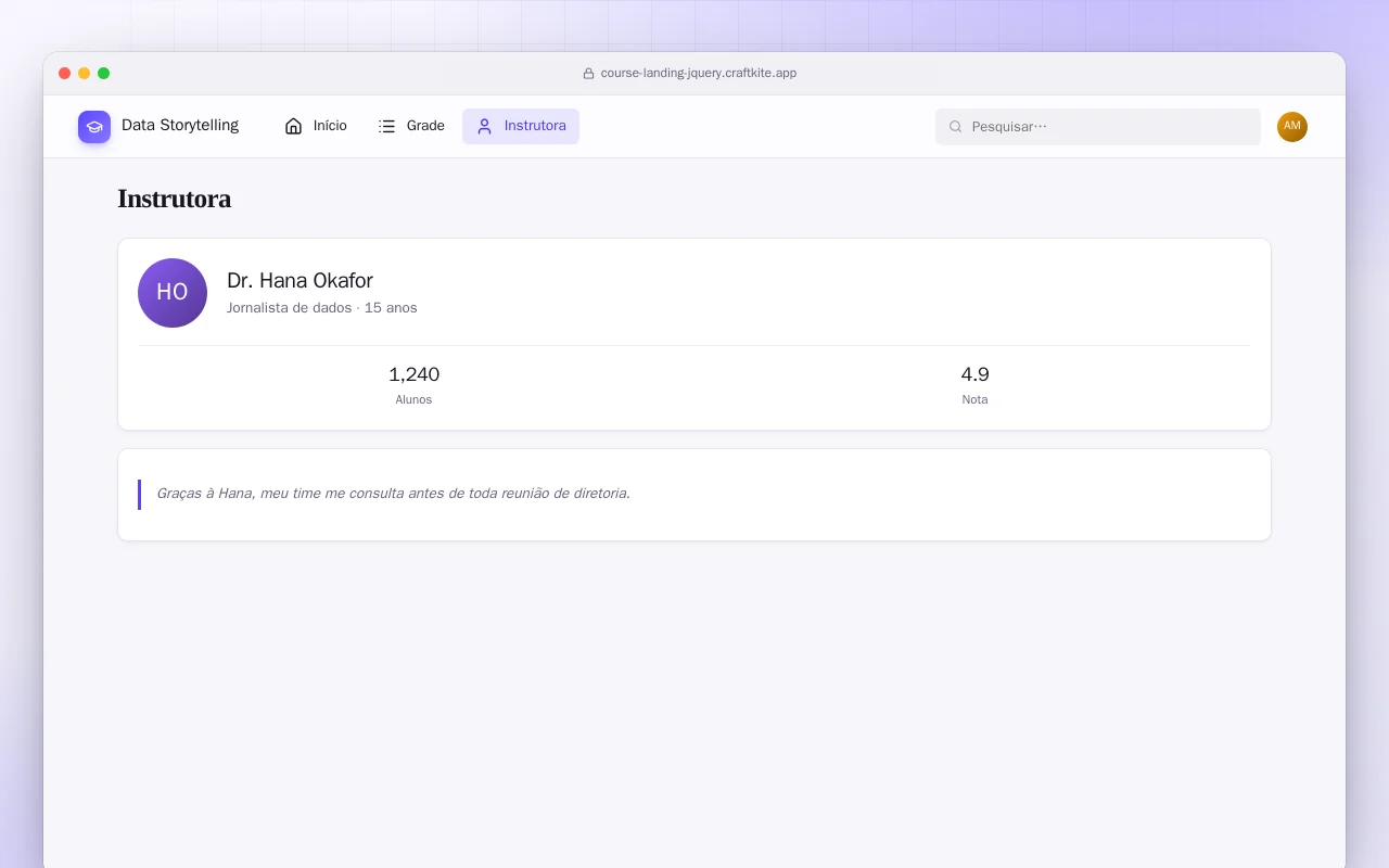 Landing page de curso online (HTML): a tela Instrutora