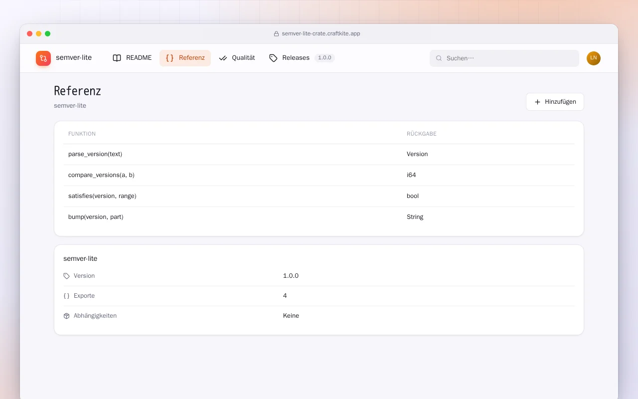 SemVer Lite (Rust): der Bildschirm „Referenz“