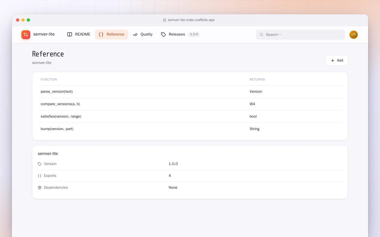 SemVer Lite (Rust): the Reference screen