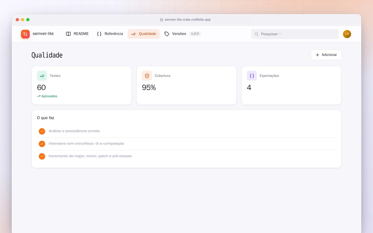 SemVer Lite (Rust): a tela Qualidade