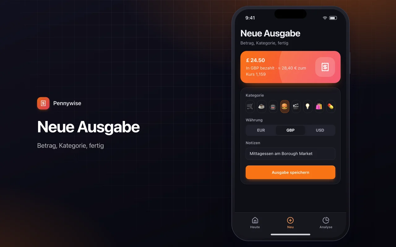 Alltags-Ausgabentracker: der Bildschirm „Neue Ausgabe“