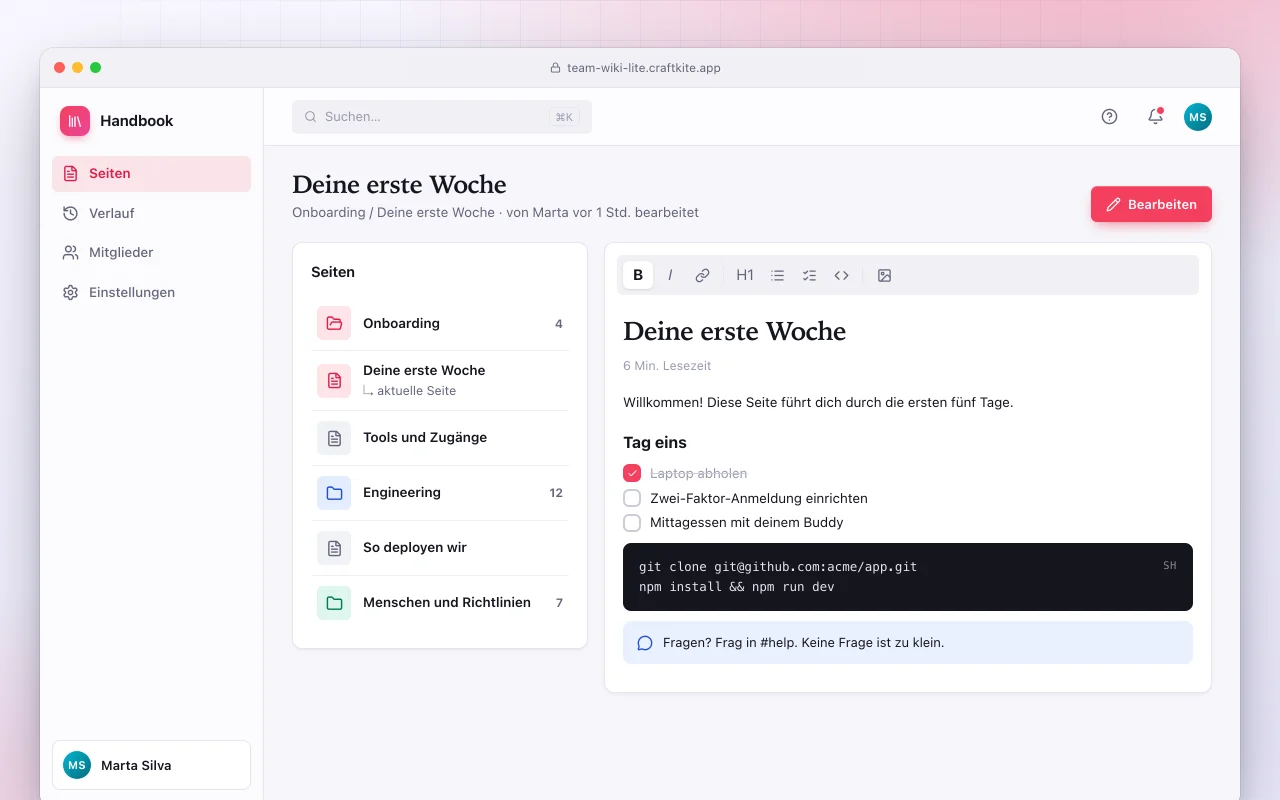 Team-Wiki Lite: der Bildschirm „Deine erste Woche“