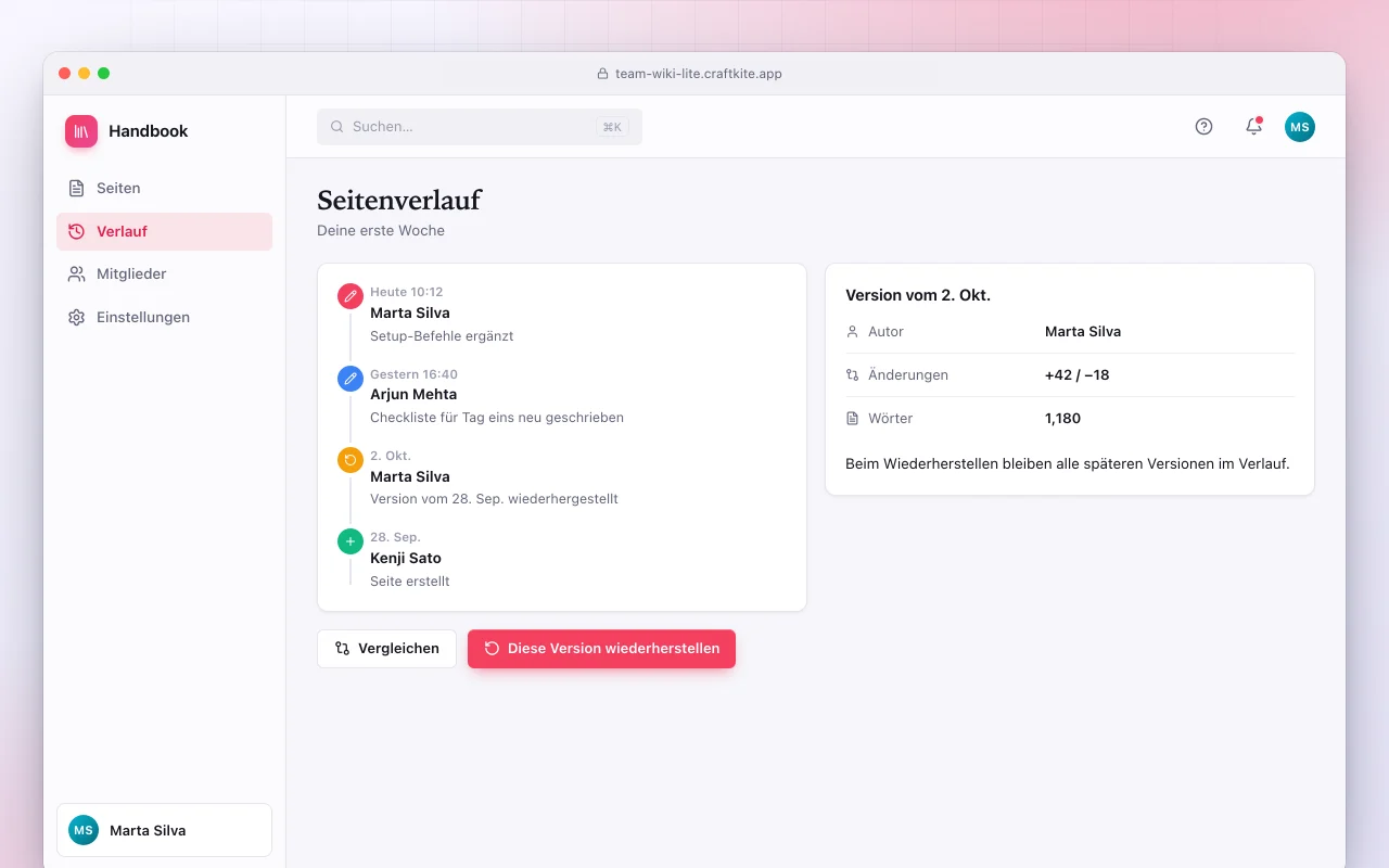 Team-Wiki Lite: der Bildschirm „Seitenverlauf“