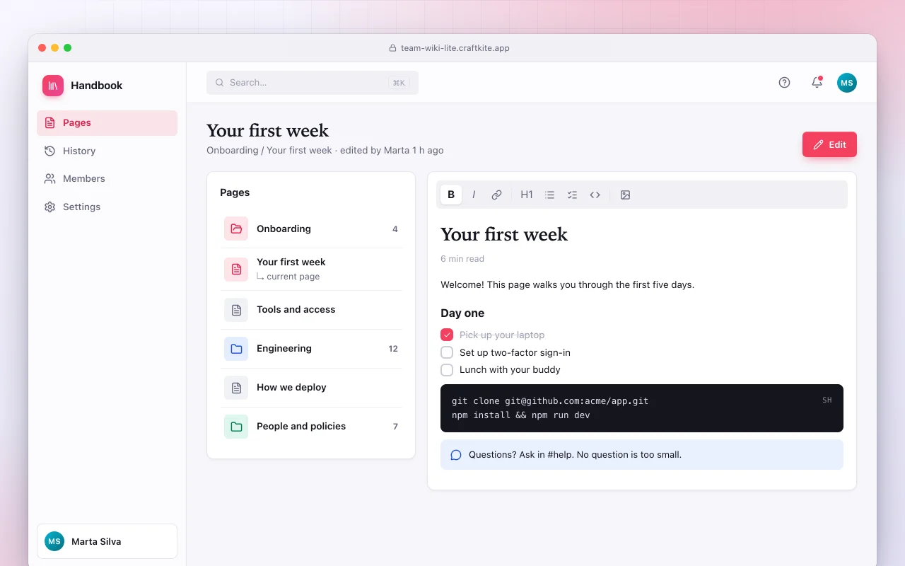Team wiki lite: the Your first week screen