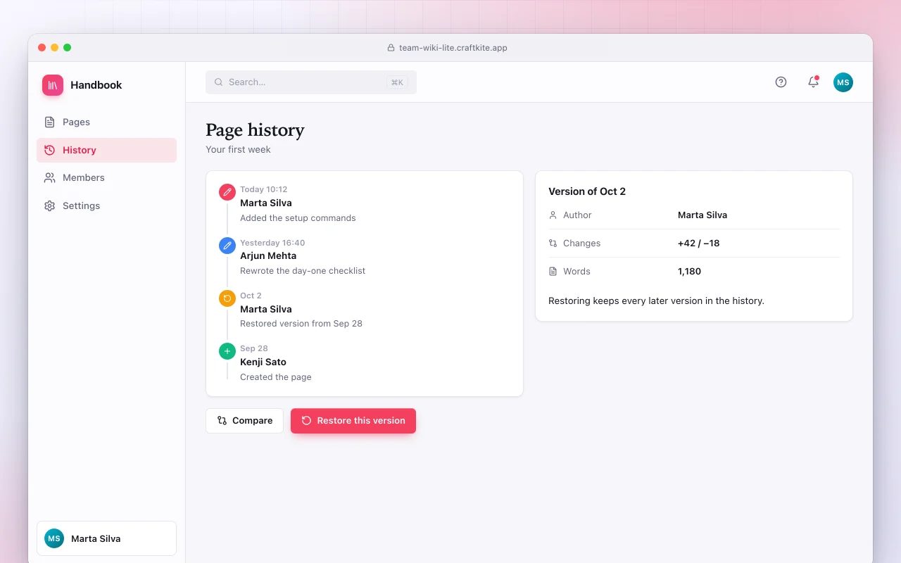 Team wiki lite: the Page history screen