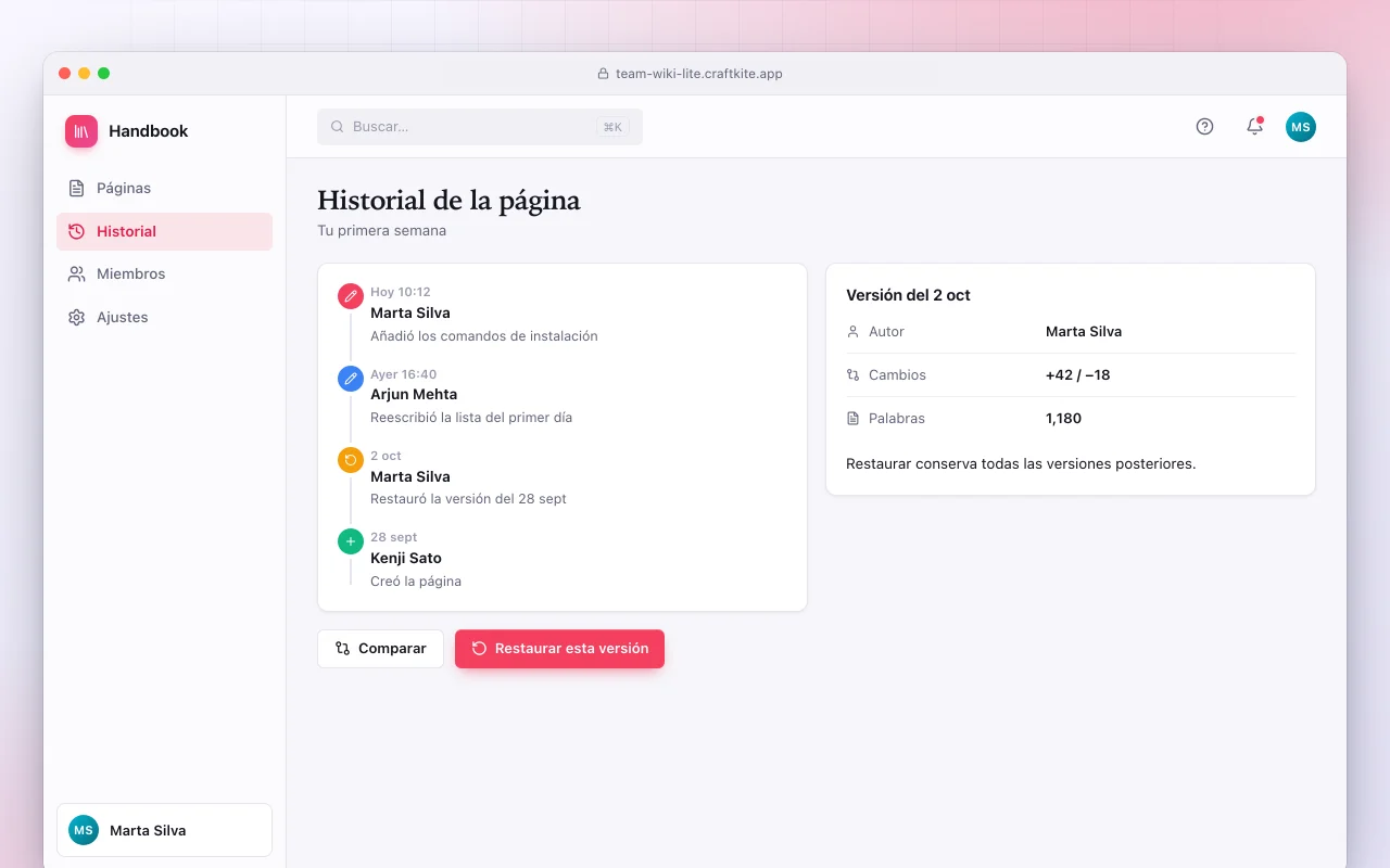 Wiki de equipo ligera: la pantalla Historial de la página