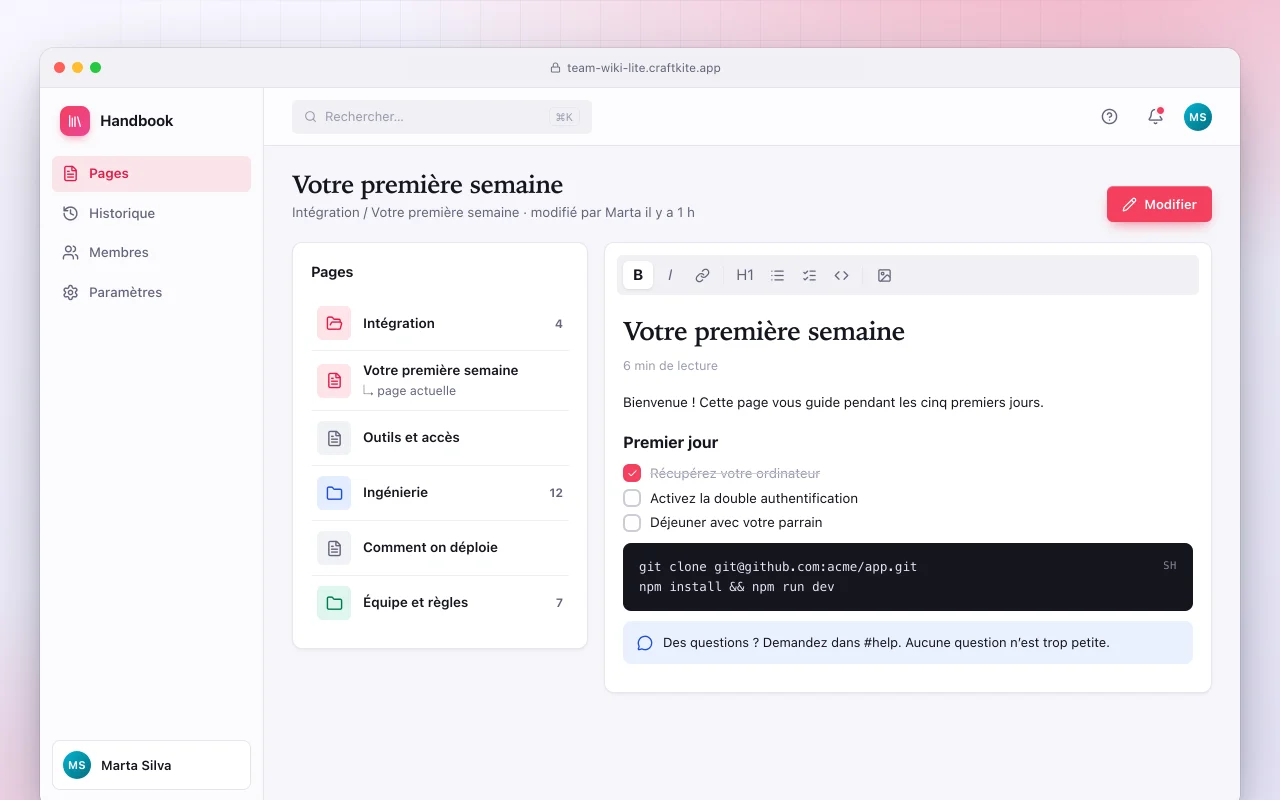 Wiki d’équipe léger : l’écran Votre première semaine