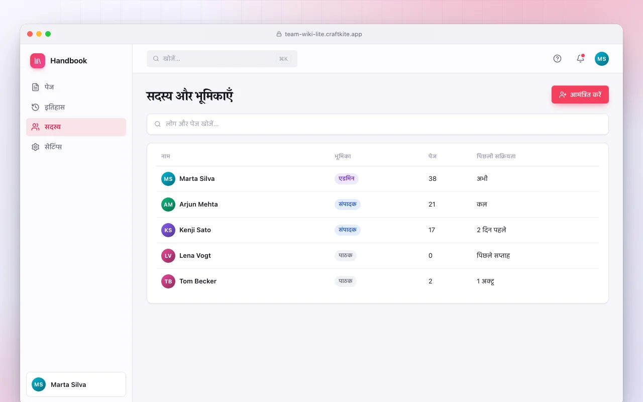 टीम विकि लाइट: सदस्य और भूमिकाएँ स्क्रीन