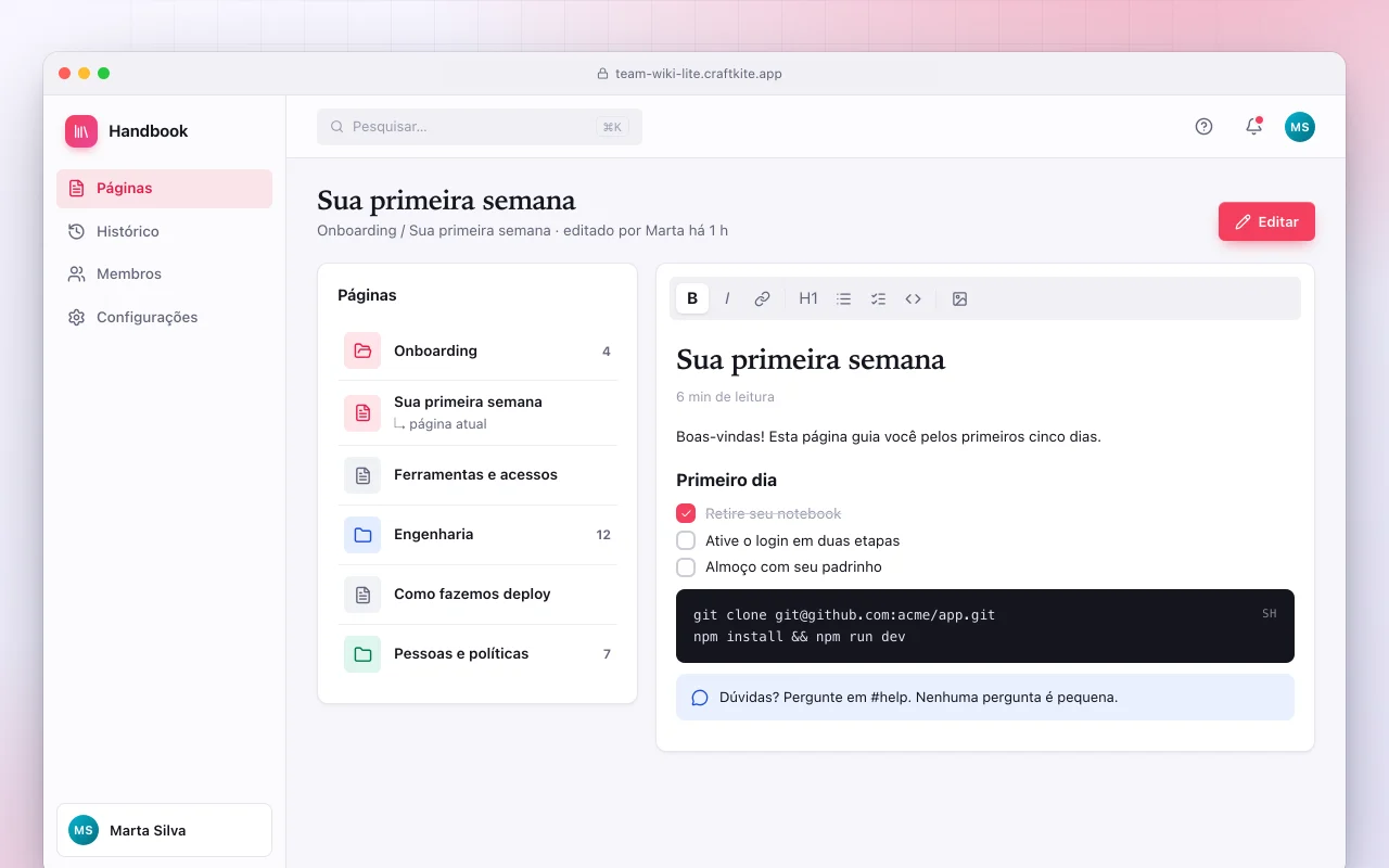 Wiki de equipe lite: a tela Sua primeira semana