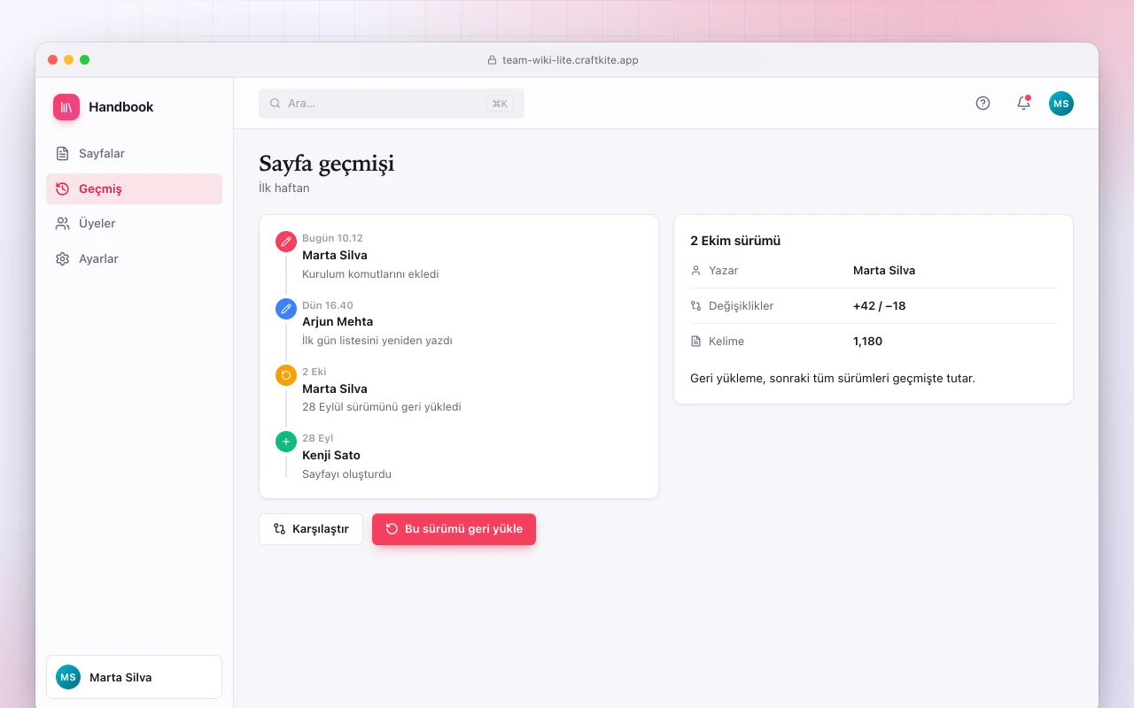Ekip wikisi lite: Sayfa geçmişi ekranı