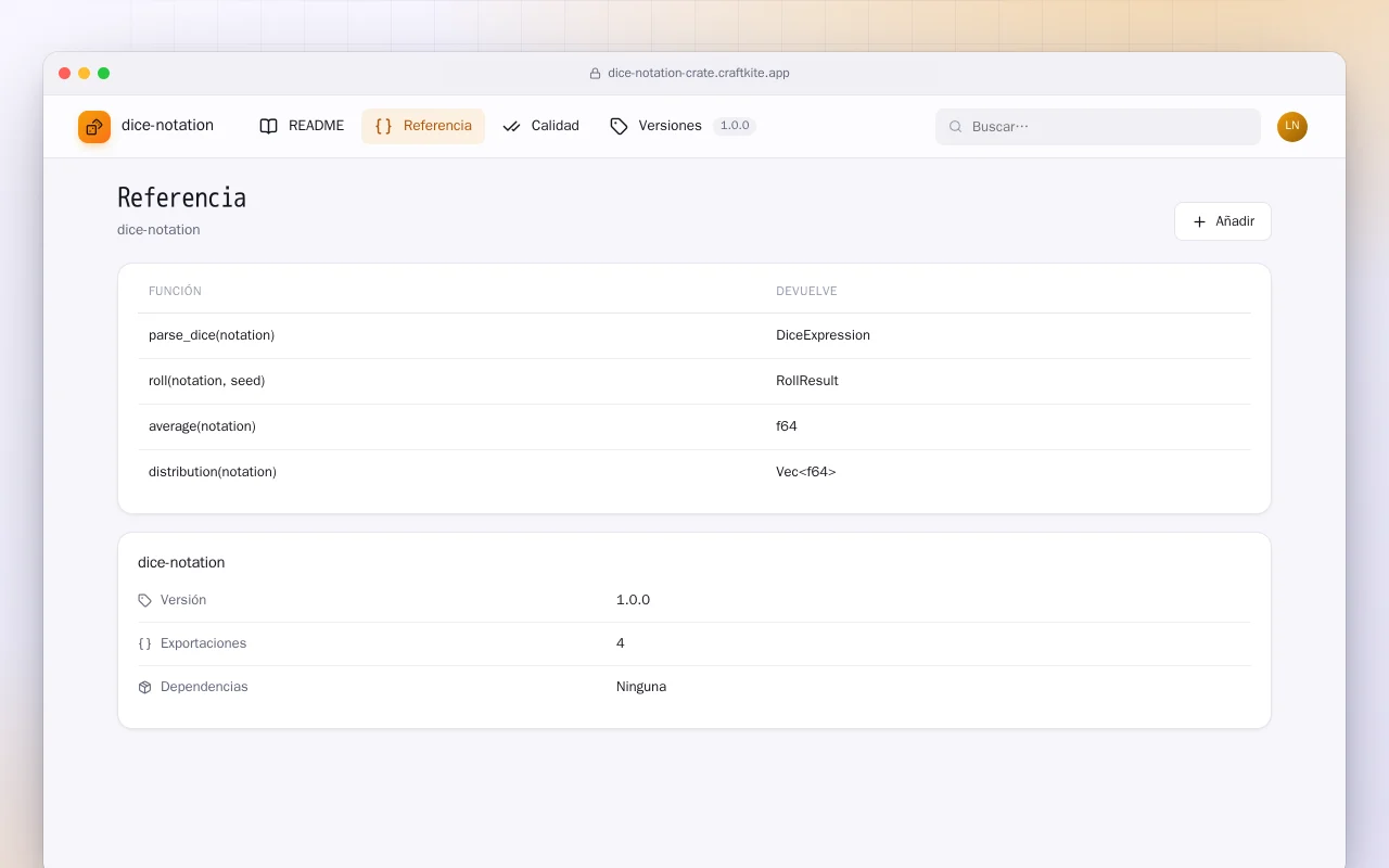 Notación de dados (Rust): la pantalla Referencia