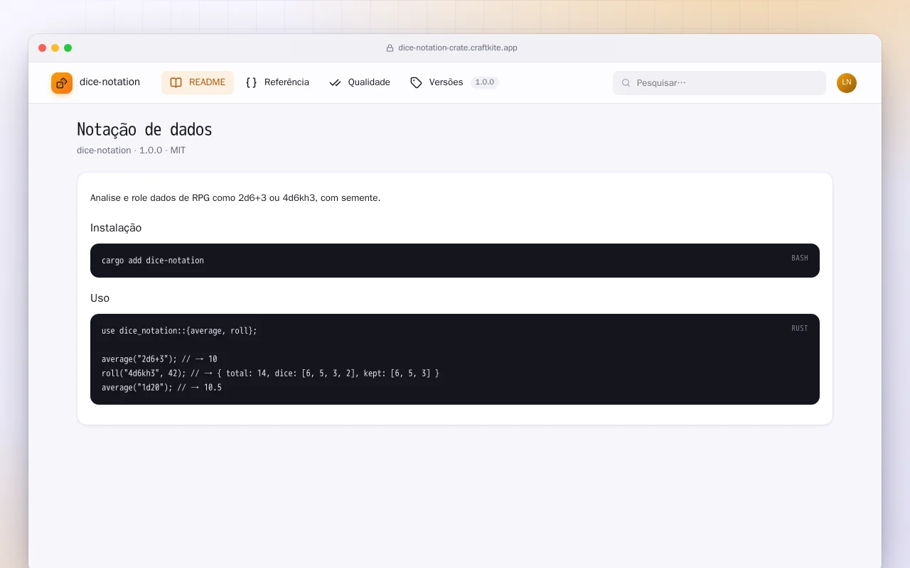 Notação de dados (Rust): a tela Notação de dados
