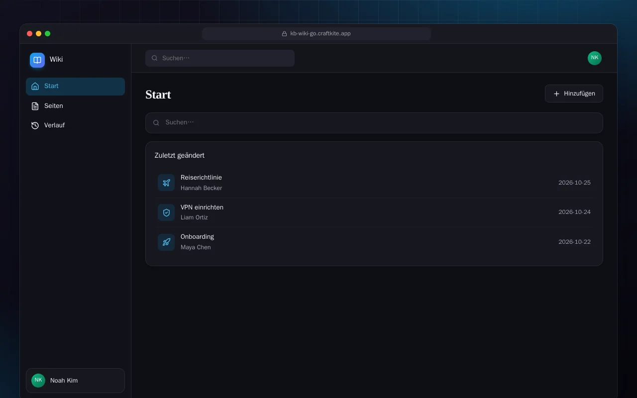 Team-Wiki (Go): der Bildschirm „Start“