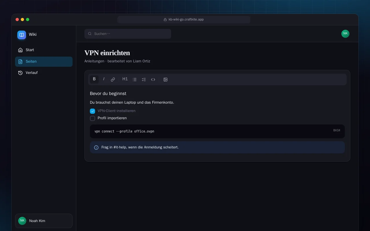Team-Wiki (Go): der Bildschirm „VPN einrichten“
