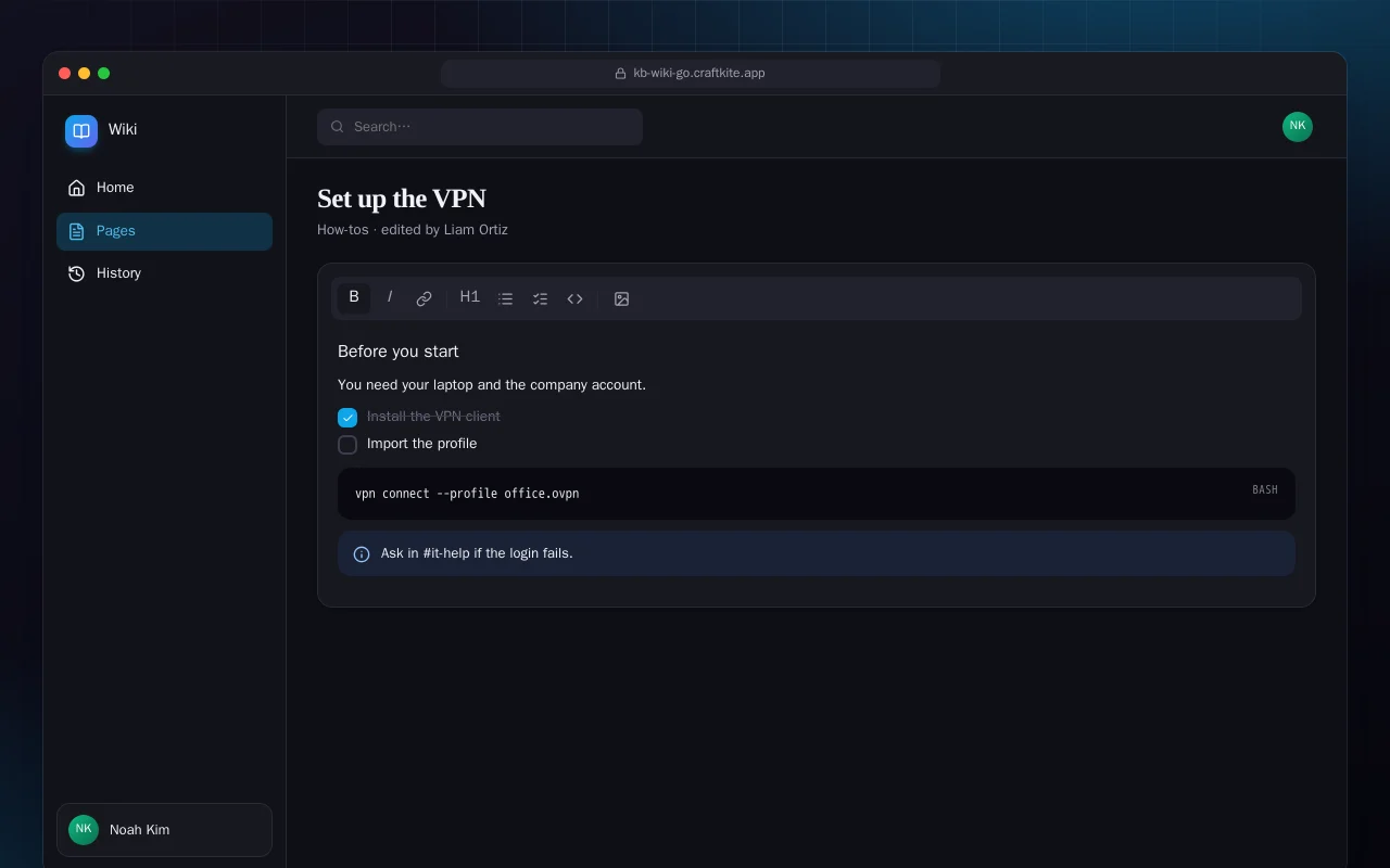 Team Wiki (Go): the Set up the VPN screen