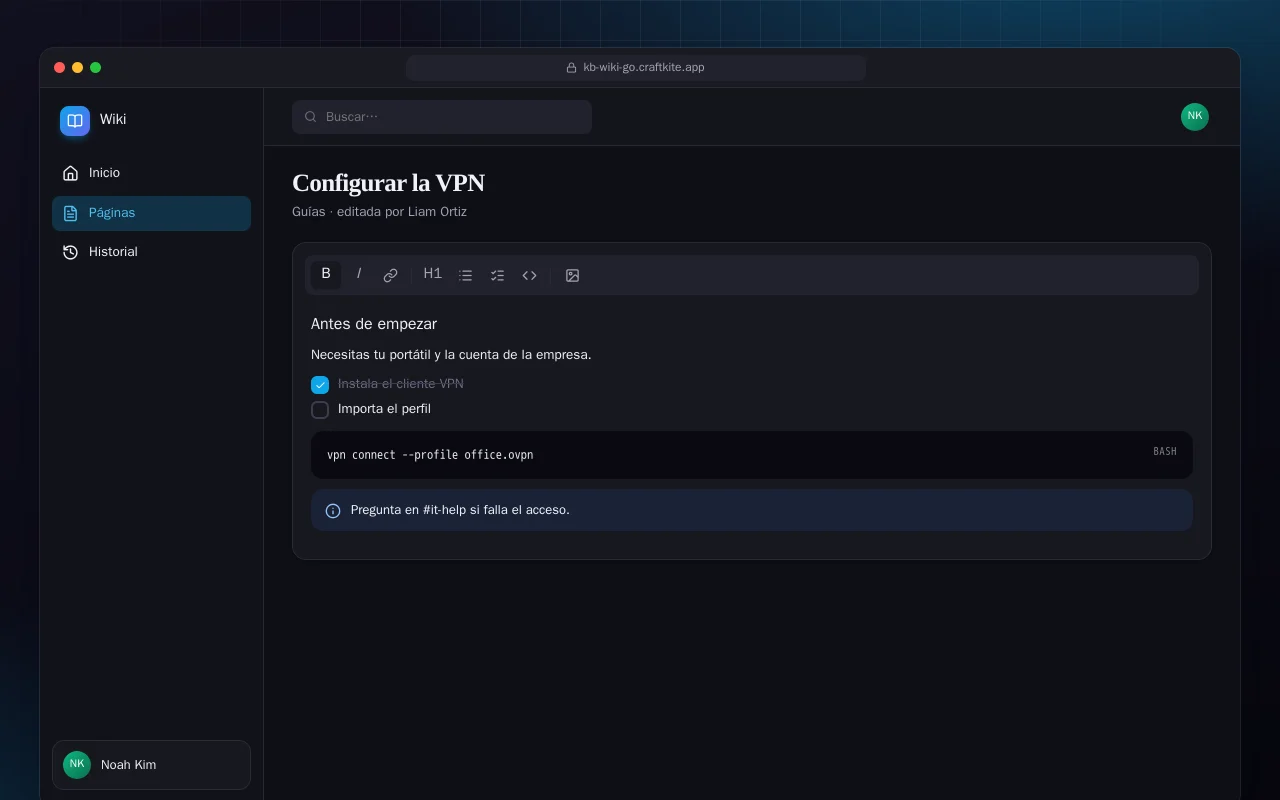 Wiki del equipo (Go): la pantalla Configurar la VPN