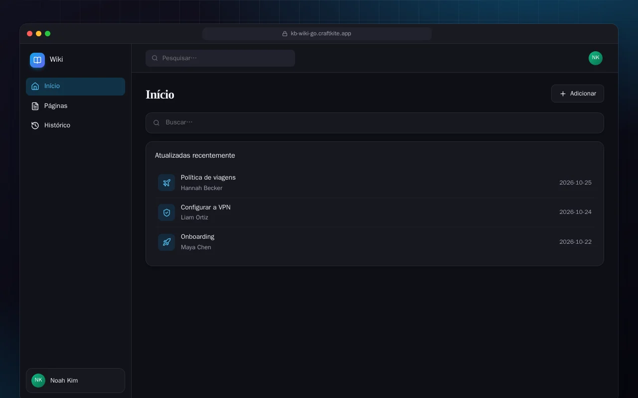 Wiki da equipe (Go): a tela Início