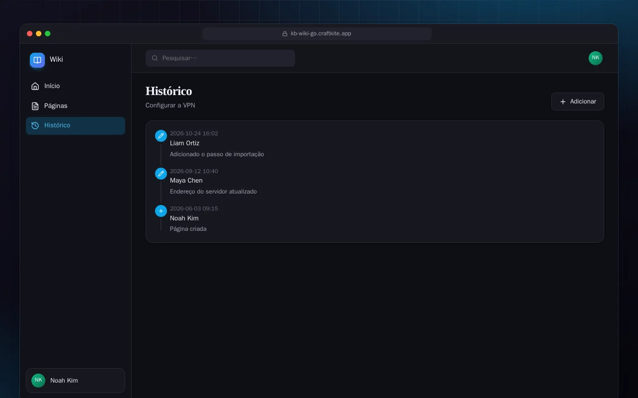 Wiki da equipe (Go): a tela Histórico