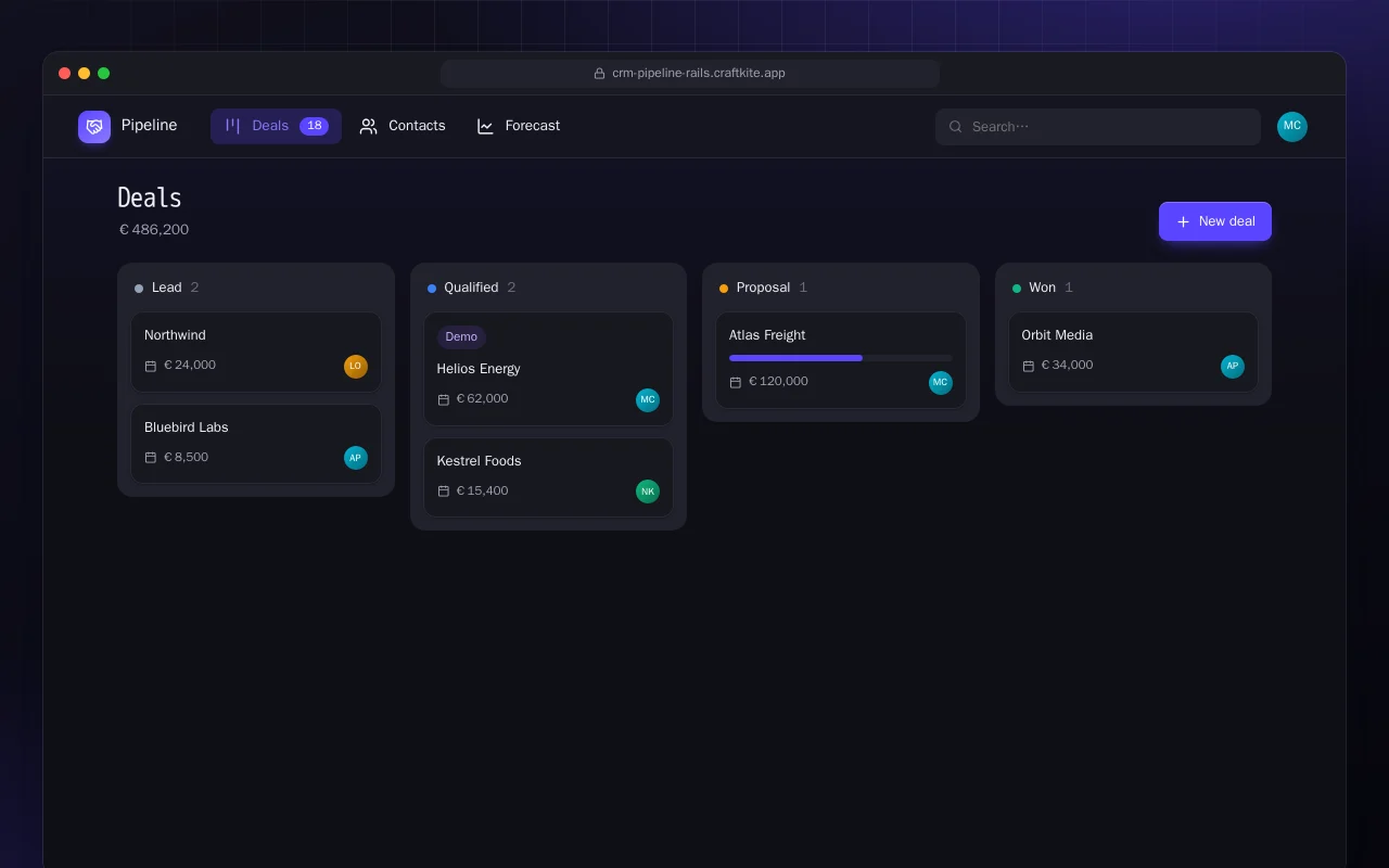 Deal Pipeline (Rails): the Deals screen