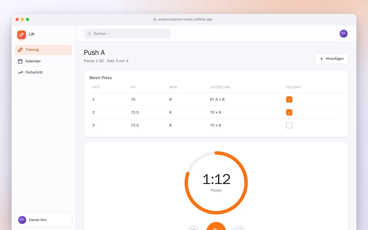 Trainingsplaner (SvelteKit): der Bildschirm „Push A“