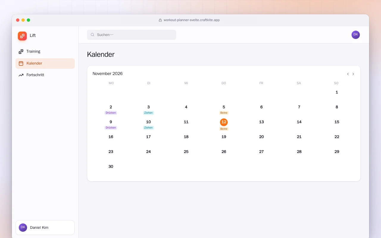Trainingsplaner (SvelteKit): der Bildschirm „Kalender“
