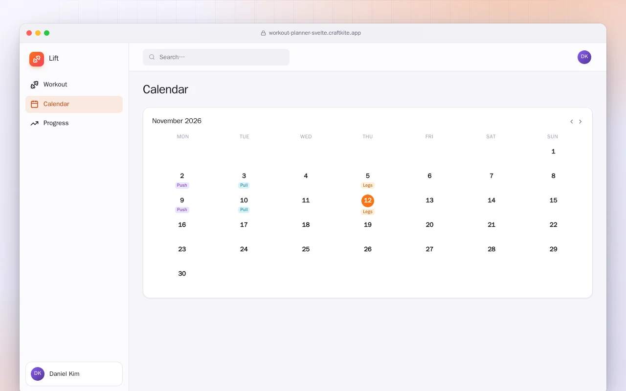 Workout Planner (SvelteKit): the Calendar screen