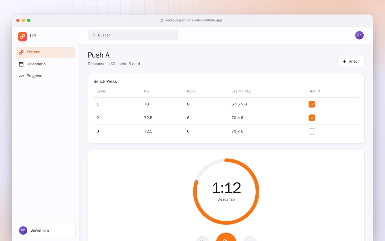 Planificador de entrenos (SvelteKit): la pantalla Push A