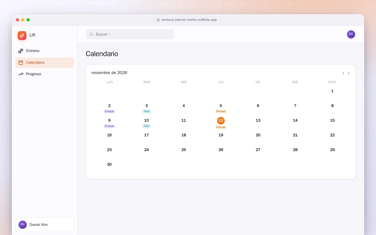 Planificador de entrenos (SvelteKit): la pantalla Calendario