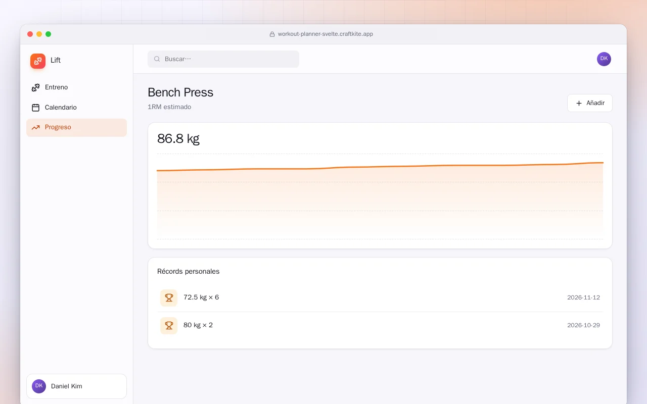 Planificador de entrenos (SvelteKit): la pantalla Bench Press