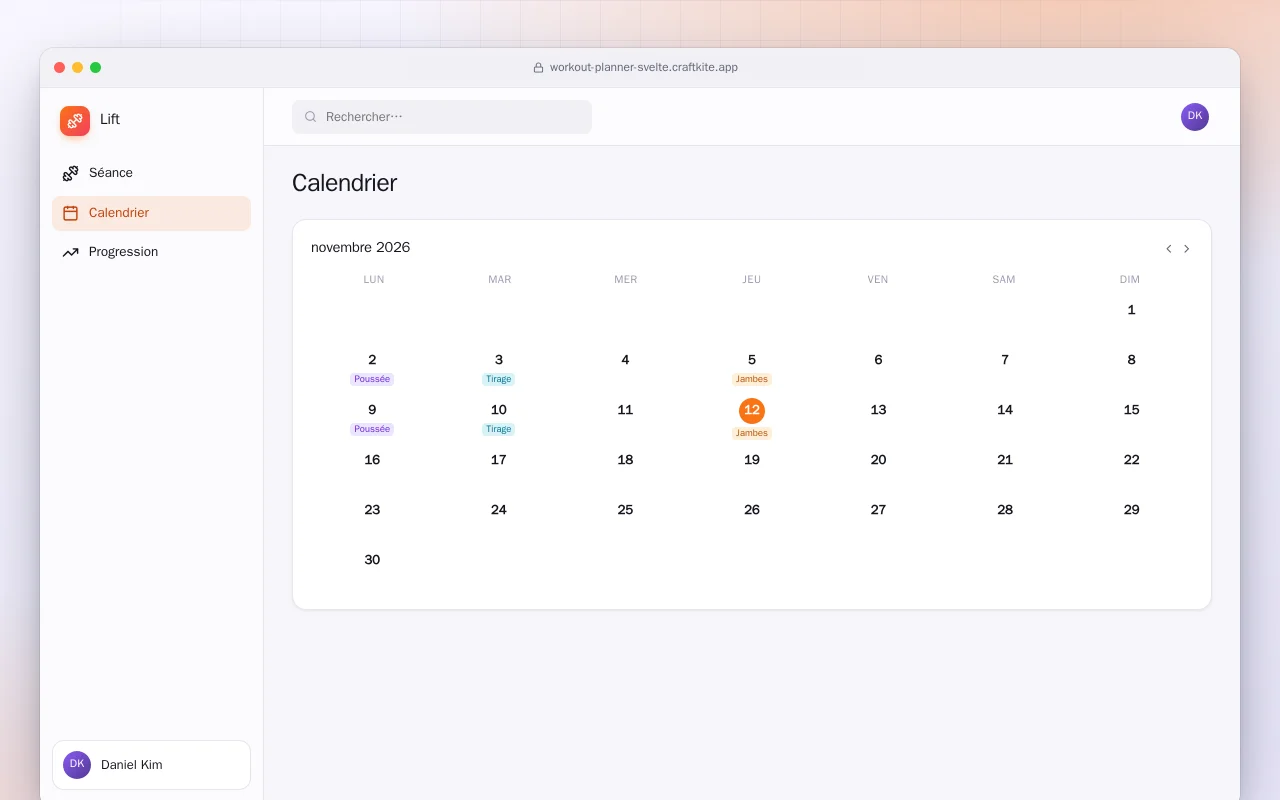 Planificateur d’entraînement (SvelteKit) : l’écran Calendrier