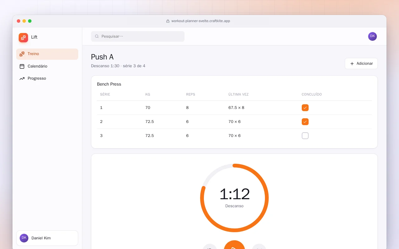 Planejador de treinos (SvelteKit): a tela Push A
