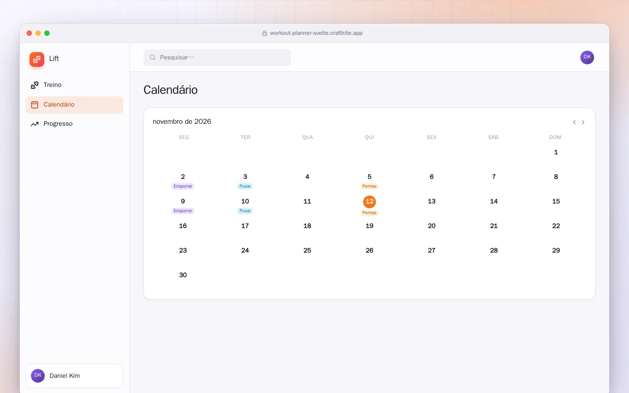 Planejador de treinos (SvelteKit): a tela Calendário