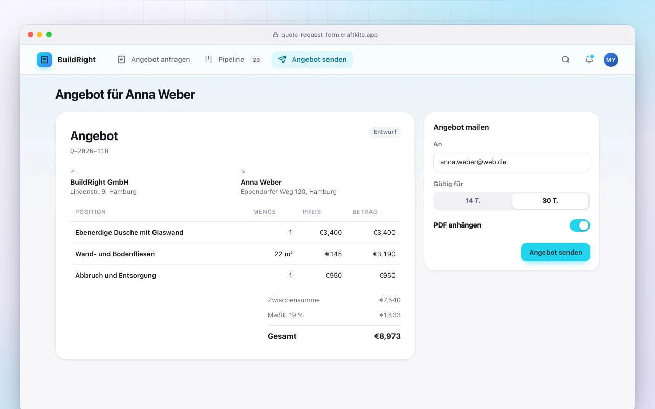 Angebotsanfrage-Formular: der Bildschirm „Angebot für Anna Weber“