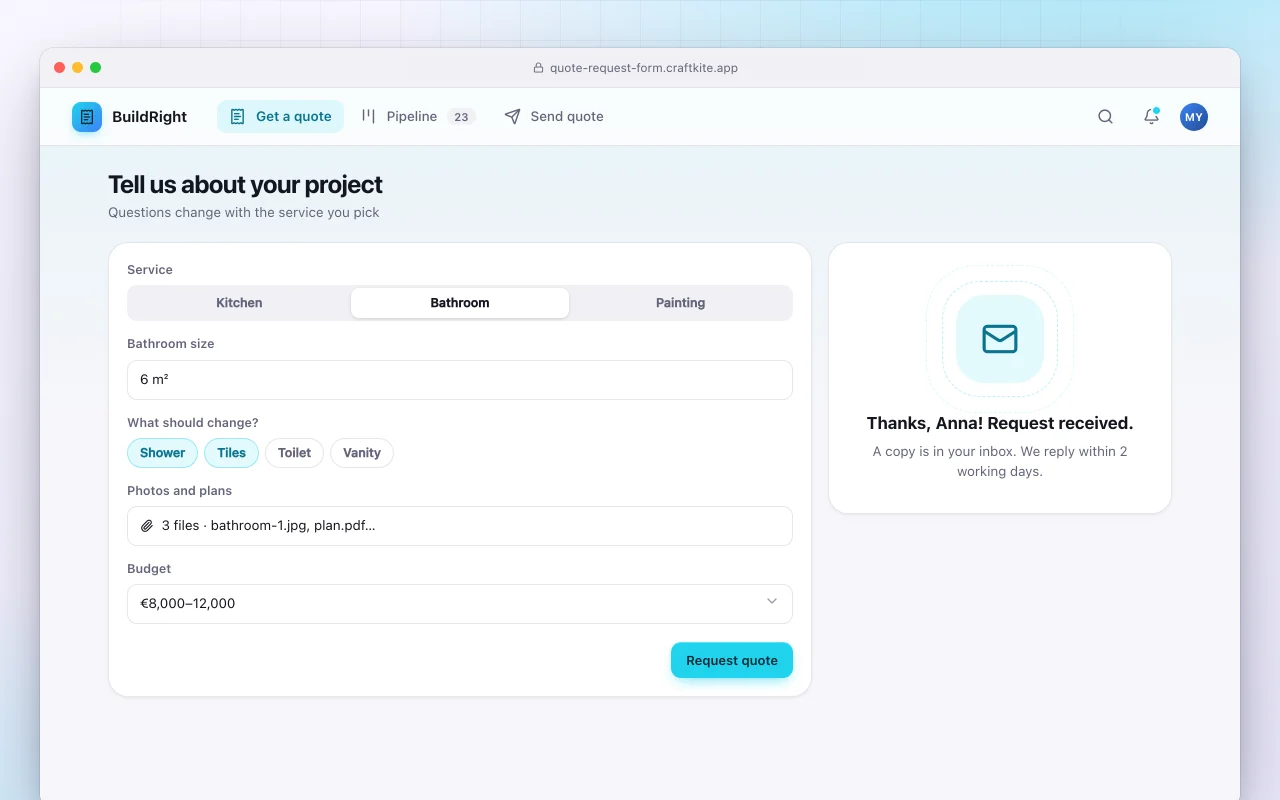 Quote request form: the Tell us about your project screen