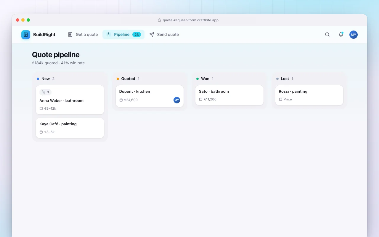 Quote request form: the Quote pipeline screen