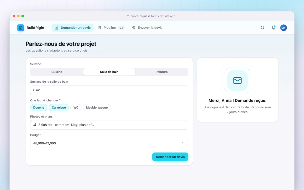 Formulaire de demande de devis : l’écran Parlez-nous de votre projet