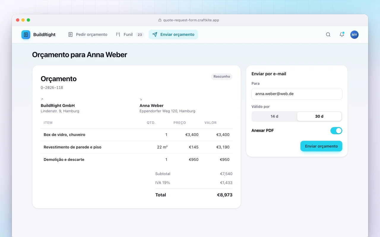 Formulário de solicitação de orçamento: a tela Orçamento para Anna Weber