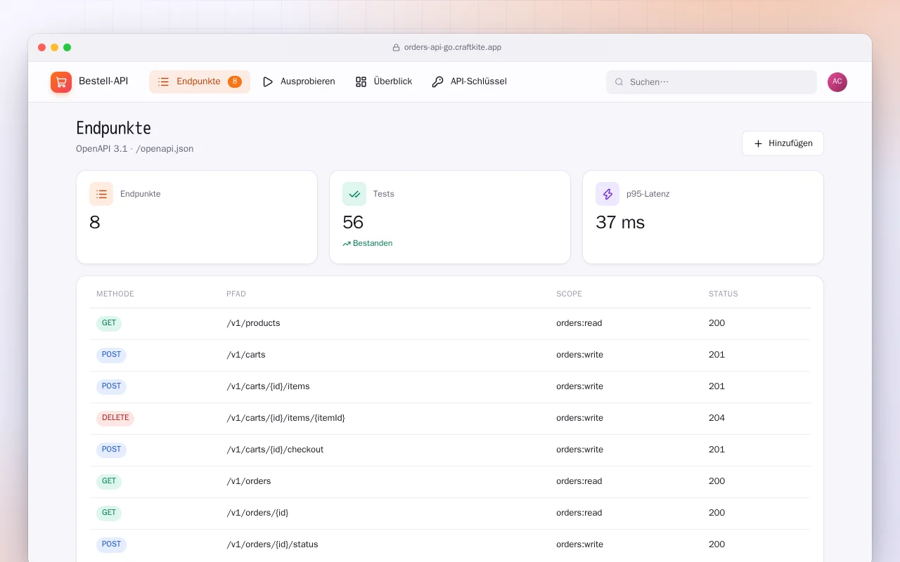 Bestell-API (Go): der Bildschirm „Endpunkte“