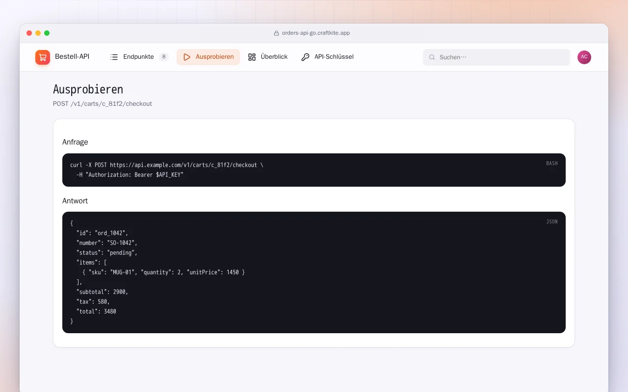 Bestell-API (Go): der Bildschirm „Ausprobieren“